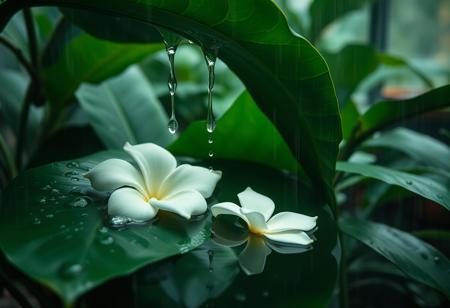 Cinematic photography, rainwater pooling in hollow of tropical leaf resembling body curve, droplets sliding down like sweat, oversized gardenia floating in water, setting: steamy greenhouse at downpour, mood: primal release, lighting: raindrop-refracted jungle light, color theme: emerald and creamy white, camera: ARRI Alexa Mini