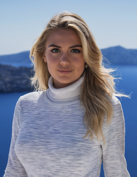 <lora:Kate Upton:0.4> ohwx woman, beautiful European woman, 26 year old woman, long (light blonde hair:1.5), full hair, (huge breasts, huge tits, huge boobs), (detailed skin texture:2), tanned skin
(sharp image, best quality, UHQ, high resolution, 4k),
(vivid, vibrant colors), (close up:2), looking at the viewer, looking at the camera, professional cinematic lighting, (front lighting:2)
A lady walks the winding paths of Pyrgos, her silhouette contrasting the whitewashed houses., (turtleneck dress)