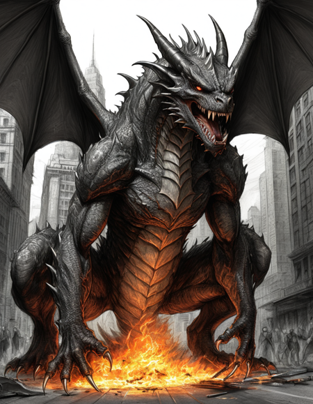 technical drawing showcasing an A Monsteres Dragon Mad angry spewing fire, very detailed, masterpiece, pencil strokes, concept art sketch, pencil texture, extremly sharp details, very detailed, imposing face, menacing, dangerous canine fangs and claws, ancient god creature with imposing presence, stunning masterpiece, modern city, all fours, original bi-color body, huge bat wings