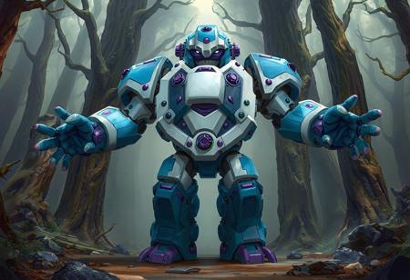 The image features a detailed, full-body view of a Gear Golem the Moving Fortress, standing in a dynamic pose with arms outstretched. The Gear Golem the Moving Fortress showcases a blue and white color scheme with purple and black accents, giving it a futuristic appearance. The background is a epic Erosion Hand Forest, allowing the rGear Golem the Moving Fortress's vibrant colors to pop. The image is expertly composed, with a focus on the Gear Golem the Moving Fortress's intricate design and lifelike details, including its expressive eyes and detailed clothing. The quality is exceptional, boasting sharp lines, harmonious colors, and vivid emotions, making it a stunning and captivating piece of art.