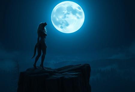 Masterpiece, best quality, highres, 8K, HDR, absurdres, cinematic lighting, electric blue glow, full moon, nighttime ambiance. From a high vantage point in the wilderness, the frame captures a dramatic scene bathed in deep night blues and shadows. Atop a jagged cliff stands a lone werewolf woman mid-howl, her silhouette stark against the glowing full moon that looms massive in the sky. Her form is both feral and feminine lean muscular limbs, elongated claws, arched spine, and wild silver-blue fur that glimmers faintly under the moonlight. Her long hair blends seamlessly into her mane, and her face is frozen in a powerful howl, sharp fangs exposed, glowing eyes aimed skyward. The moon dominates the top portion of the image, its surface crisp and detailed, casting an ethereal electric-blue sheen across the entire scene. The cliff drops steeply into a dark, mist-laced forest below, untouched and silent, adding to the vast sense of isolation. Wind whips her fur and the surrounding grass, adding motion and tension to the scene. She is primal beauty and wild sorrow, framed by nature’s untamed majesty.