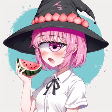 <lora:cyclops_retro_ham_avas_jun_rifl-08-02--rifl-09-01:1>,

cyclop, 


1girl, aqua background, artist name, bangs, black eyes, blush, food, food themed clothes, fruit, hat, highres, holding, holding food, holding fruit, open mouth, pink hair, portrait, shirt, short hair, simple background, solo, sparkle, transparent, watermelon, white shirt, witch hat