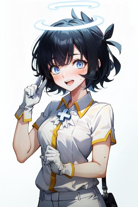 <lora:azazel:1>azazel(helltaker), hands up, 1girl, open mouth, solo, white shirt, bandages, mole, angel, halo, blue eyes, white gloves, white pants, cross, shirt, bandaged arm, single glove,gradient background, collared shirt, black hair, short sleeves, short hair, blush, mole under eye, looking at viewer, pants, full-face blush, gloves