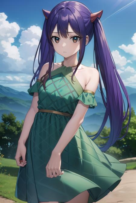 wendymarvell, <lora:wendy marvell-lora-nochekaiser:1>,
wendy marvell, long hair, (brown eyes:1.5), (blue hair:1.5), hair between eyes, twintails, red hair ornament,
BREAK dress, sandals, (green dress:1.5), bare shoulders, armband,
BREAK outdoors, forest, nature, sky, sun, clouds,
BREAK looking at viewer, (cowboy shot:1.5),
BREAK <lyco:GoodHands-beta2:1>, (masterpiece:1.2), best quality, high resolution, unity 8k wallpaper, (illustration:0.8), (beautiful detailed eyes:1.6), extremely detailed face, perfect lighting, extremely detailed CG, (perfect hands, perfect anatomy),