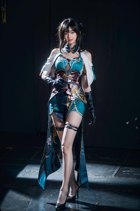 best quality, masterpiece, photorealistic, 1girl, solo, standing, full body, looking at viewer, smile, closed mouth, bangs, hair between eyes, ruanmei cosplay costume, china dress, chinese clothes, cosplay, ruanmei, dress, gloves, elbow gloves, hair ornament, high heels, jewelry, thigh strap, <lora:starrail_Ruanmei_cosplay_v1:0.7>