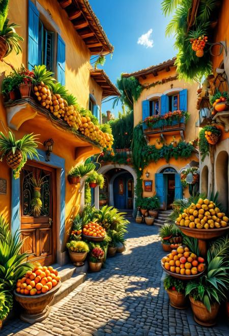 This 4K resolution masterpiece is highly intricate and gaining attention on ArtStation for its exceptional quality and attention to detail. The scene features an idyllic, realistic portrayal of a picturesque outdoor setting in Delfino Plaza. 
The scenery showcases a charming small fruit stand offering pineapples and coconuts, a palm tree, and a quaint, small house. The clear blue sky is rendered using high dynamic range (HDR) techniques, enhancing the overall realism and detail of the scene. The lack of humans adds an air of tranquility to the composition. The intricately detailed artwork invites viewers to immerse themselves in the beauty of Delfino Plaza.
