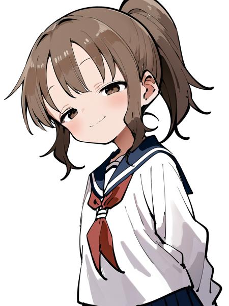 Takagawa Sumire,high ponytail,brown hair,bangs,sidelocks,brown eyes,half-closed eyes,closed mouth school_uniform,blue sailor,red_neckerchief,white_shirt,long_sleeves