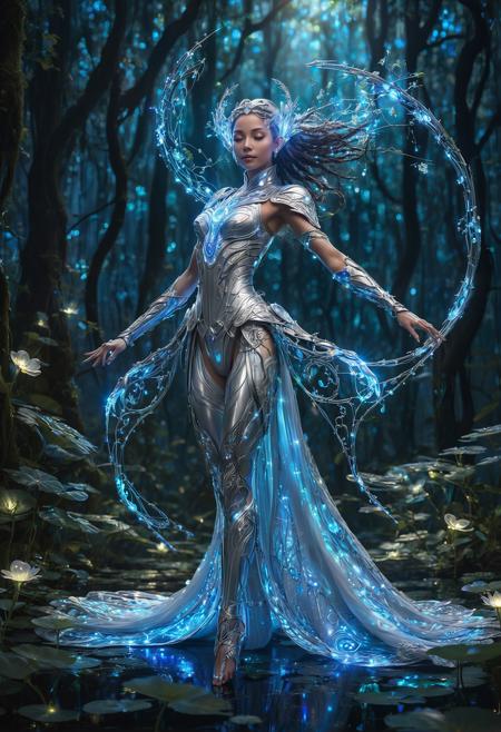 A regal silver-armored cyborg dancer gracefully glides across a moonlit stage entwined with shimmering bioluminescent vines, casting a mystical aura as fireflies twinkle around her in a hidden elven glade, creating a scene of ethereal beauty and cybernetic gracefulness.