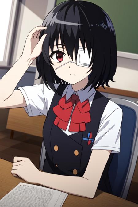 another anime lineart, misaki mei, eyepatch left eye, white medical eyepatch left eye, red right eye, chin-lenght hair, long bangs, school uniform, shirt with collar, vest, red bowtie, pleated blue thigh-leght skirt, high black socks, brown shoes, siting on chair, inside classroom, looking at viewer, expressionless