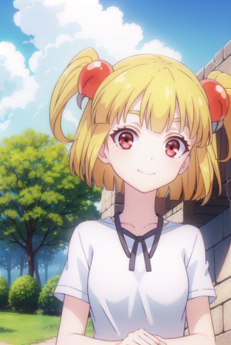 pattythesummer, <lora:patty the summer-lora-nochekaiser:1>,
patty the summer, short hair, blonde hair, (red eyes:1.3), twintails, two side up, hair ornament, smile,
BREAK shirt, (white shirt:1.5),
BREAK outdoors, forest, nature, sun, sky, clouds,
BREAK looking at viewer, (cowboy shot:1.5),
BREAK <lyco:GoodHands-beta2:1>, (masterpiece:1.2), best quality, high resolution, unity 8k wallpaper, (illustration:0.8), (beautiful detailed eyes:1.6), extremely detailed face, perfect lighting, extremely detailed CG, (perfect hands, perfect anatomy),