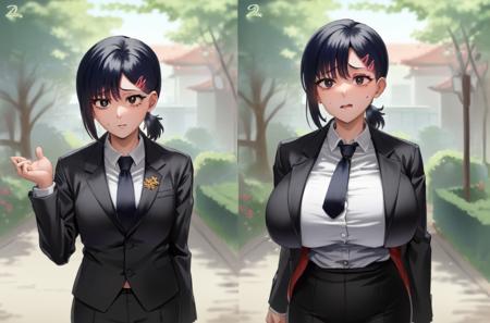 masterpiece, best quality,1girl, higashiyama kobeni,  <lora:kobeni:1>, black hair, black eyes, short hair, short ponytail, side ponytail, bangs, single sidelock, hair ornament,<lora:Breast_expansion-4_2:0.6>, (breast expansion:1.2), huge breasts, (formal:1.2), necktie,sfw