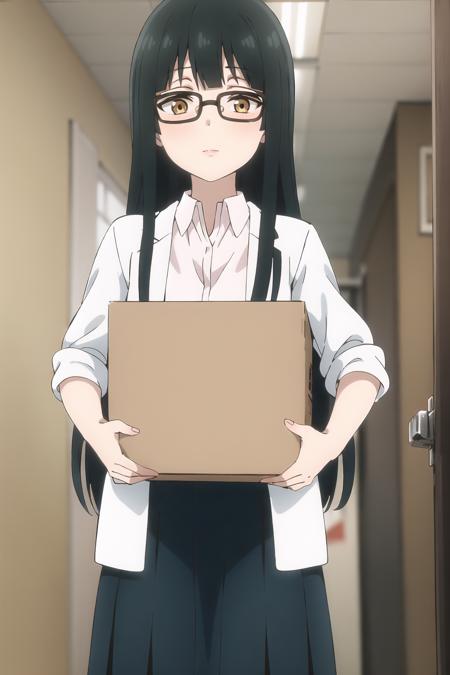 madara, 1girl, box, indoors, shirt, skirt, looking_at_viewer, solo, white_shirt, holding, labcoat, cardboard_box, holding_box, collared_shirt, blue_skirt, closed_mouth, pleated_skirt, expressionless, hallway, carrying, coat, standing, white_coat, sleeves_rolled_up, school_uniform, blurry, long_sleeves, school, solo_focus, cowboy_shot, blurry_background