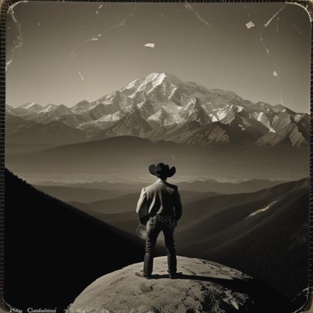 <lora:wish_you_were_here:1> WYWH postcard of a man wearing a cowboy hat overlooking a mountain range monochrome damage