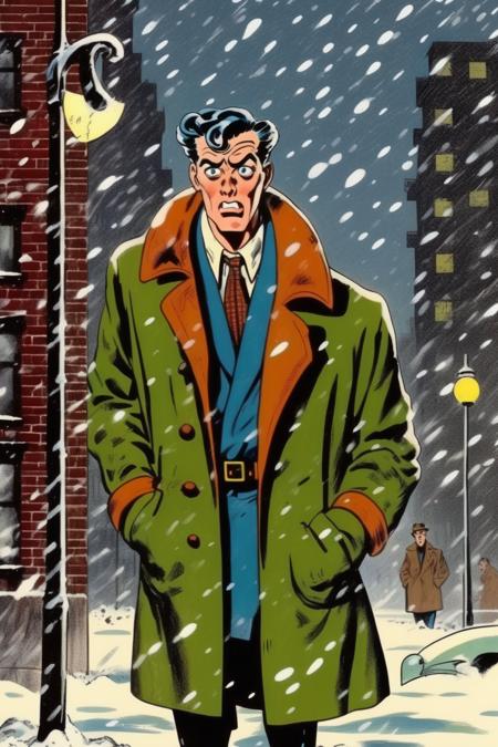 <lora:Will Eisner Style:1>Will Eisner Style - glaring madman on street in winter with raised meat cleaver, full color style of albert feldstein, 1940s-1950s aesthetic, stiff comic art, al feldstein and jack kamen, NYC ennui, I cant believe how beautiful this is, falling snow, 1950s ec comics, terror