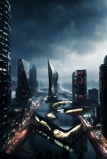 ((masterpiece, best quality)), 8k, modern architecture style, photo realistic, hyper detailed photo, clean sky, ruined city, cyberpunk,night,rain