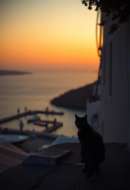 (Soft Lighting Photography by Mimoza Veliu and Mario Giacomelli:1.2), NSFW, Cinematic photography. A photo-realistic shoot of a cat on a street in a seaside town, overlooking a harbour and the ocean, sunset, silhouetted, chiascuro, Santorini