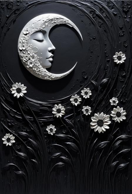 (masterpiece, best quality), a moon adorned with flowers, abstract painting, monochromatic black tones, textured surface, interplay of light and shadow, dynamic reflections, intense black, bold brushstrokes, sculptural texture, minimalism, depth and contemplation