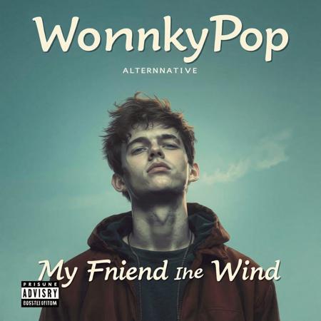 high quality design aesthetics, detailed, hip hop, alternative pop, pop album cover, young white man, artist name "WonkyPop", album title "My Friend In The Wind"