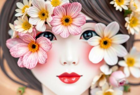 Flowers are arranged to form pattern of a cute Asian girl’s face in abstract art style.