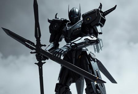 Create a high-definition image of a robot on a Black Luster Ritual, wearing heavy black obsidian armor inspired by Charles Fremont Conner. The robot holds a black sword and possesses cryokinesis. The image should be symmetrical, with micro details and lifelike features. The style should be reminiscent of IDW MTMTE TFWiki and Transparent Labs. The output should be a high-quality image suitable for an official details photo, similar to those found on ArtStation or eBay listing thumbnails.