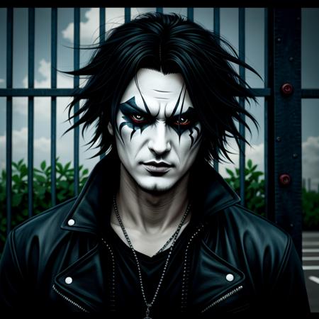 anime artwork of  <lora:The Crow SD1.5:1.2>
Eric Draven The Crow a drawing of a choppy hair cut man behind fence Graphic Novel Style, anime style, key visual, vibrant, studio anime,  highly detailed