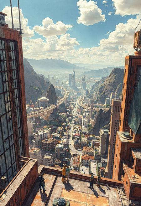  view from the roof of a high-rise, people near me, cityscape, expressive futuristic style, surrealistic elements, skyscrapers, clouds in the sky, isometric perspective, sprawling mountain metropolis with multi-level residential neighborhoods connected by air bridges, 