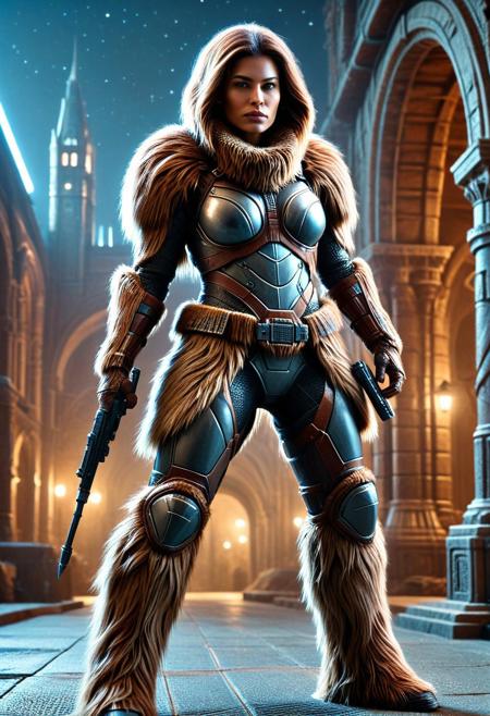 dynamic pose, low light, night time, 1girl, armour, bounty hunter outfit, covered in fur, made of w00kiee, science fiction. sci-fi, architecture, outdoors, dynamic composition, absurdres, high quality, masterpiece