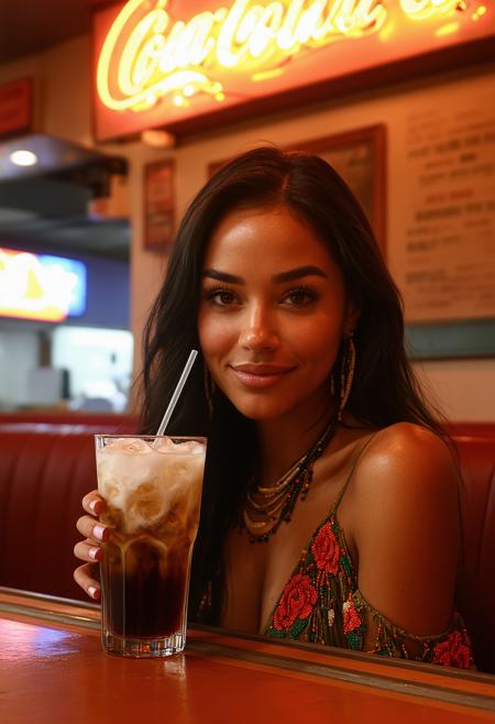A Cheyenne woman’s shy smile glows behind a frost-beaded Coke glass in a retro diner, her eyes downcast under crescent lashes. Edward Hopper’s diffused neon light bathes her in amber and sepia, casting elongated shadows on the cobalt-striped glass. Intricate floral beadwork on her linen dress mirrors the twilight prairie reflected in the drink’s curve—where condensation meets ancestral land. Contemporary Indigenous textures blend with Americana nostalgia in a tight low-angle composition, steam whispering past her lips as Formica counter edges blur into velvety bokeh.