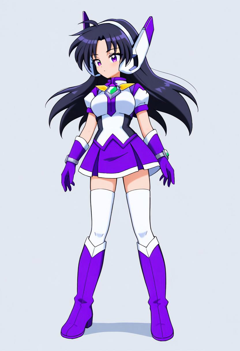 score_9, score_8_up, score_7_up, source_anime, good anatomy,purpswa, 1girl, solo, black hair, long hair, purple eyes, purswaoutfit, white and purple shirt, raised collar, white hairband, white and purple headphones, white and purple glove, wristband, green gems, purple skirt with white trim, miniskirt, white thighhighs, zettai ryouiki, white and purple boots, standing, full body, from side