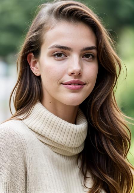 RAW close up portrait photo of alexandrabotez-ti, natural lighting, 8k uhd, dslr, high quality, film grain, Fujifilm XT3, by Henri Cartier-Bresson, Turtleneck sweater and corduroy pants, casual clothing, well dressed