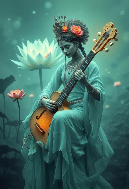 "Lotus Saraswati,  octocore, fusepunk, petrol colored, mucical instrument , illusion,  limitless, pale, chaotic, mucical notes , ultra detailed, cinematic  "

