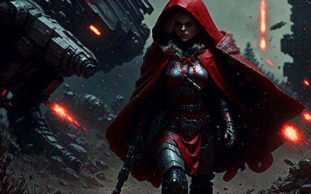 full body epic composition cinematic wallpaper of Little Red Riding Hood as a badass sci-fi power armor supersoldier in a futuristic battlefield, gritty, soft focus, well-lit, cinematic lighting, cinematic movie still frame