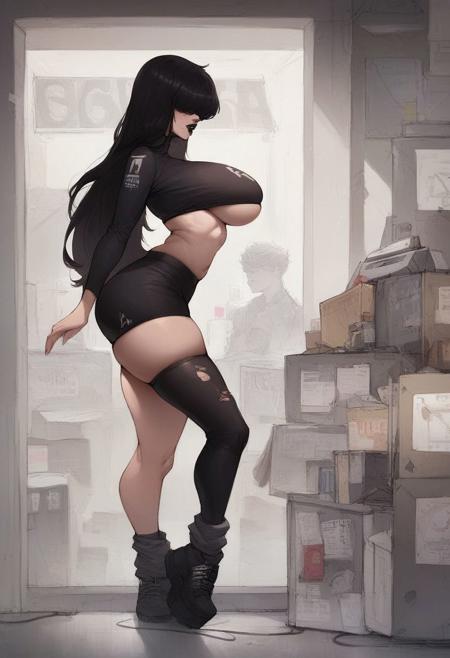 score_9, score_8_up, score_7_up, score_6_up, score_5_up, score_4_up,huge breasts, 
shrug \(clothing\), underboob, midriff, skirt, miniskirt, thick thighs, thighhighs, skindentation, leg warmers, black platform shoes, hair over eyes, black hair, black clothes, black lips, pale skin, detailed background, night, record store, looking through box of records, vinyl records, side view