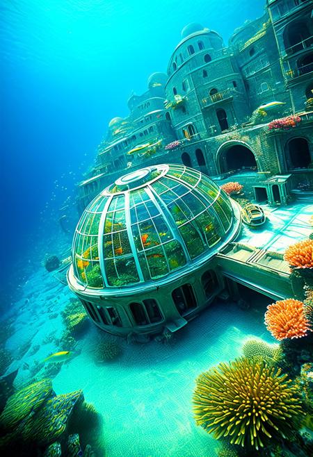 future, Cinque Terre buildings in underwater biodomes underwater, in the sea, fish, wide shot, drones, cyberpunk, (intricately detailed, fine details, hyperdetailed), raytracing, subsurface scattering, ((muted colors)), diffused soft lighting, shallow depth of field, by (Oliver Wetter), by Stanley Kubrick, photographed on a Canon EOS R5, 28mm lens, F/2.8, sharp focus bokeh