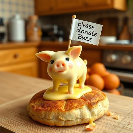 a cute tiny pig made out of melting butter,  with a little flag on it with the words „please donate Buzz“, standing on top of a crusty bread in a kitchen
