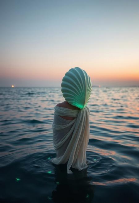 A nubile woman stands at the edge of the ocean, her monolithic shell breastplate glowing gently under the evening sky. The soft fabrics around her waist drift lazily in the water as small bioluminescent creatures dance beneath the surface. The horizon glows with the fading light of the day, creating a calm, enchanting atmosphere.
