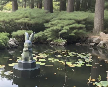 pond, pine tree, Rabbit stone statue <lora:rabbit_statue_v1:0.7>