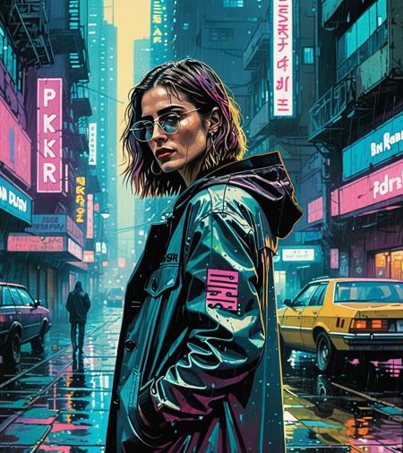 (Amanda Peet,a girl with a beautiful face), nighttime, cyberpunk city, dark, raining, neon lights, ((Wearing a blazer over a hoodie)), blazer, hoodie,(cyberpunk 2077 cityscape), (<lora:John Berkey Style:0.5> John Berkey Style ,<lora:PostApocalypticXL_v1:0.5> SZ_4poXL enviroment), cyberpunk 2077, cyberpunk, synthwave, 1980s, futurism, brutalism, neuromancer, cinematic photo, analog, the contrast in colors and textures should be distinct highly detailed, surreal, vibrant yet slightly desaturated, faded film, desaturated, 35mm photo, grainy, vignette, vintage, Kodachrome, Lomography, stained, highly detailed, found footage,art by Jakub Rozalski, 1920+ Poland,((pinkfong baby shark))