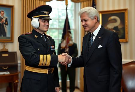 classic cobra commander in an immaculate military dress uniform posing for photo shaking hands with president clinton of the united states in sharp suit inside the oval office, real photograph, infusion of gi joe and ww2 german style, photorealistic, correct hands, correct fingers, presidential seal, vote button, campaign photo, election, elegant scene, cobra insignia
