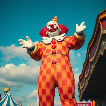 amusement park, giant clown in the sky,