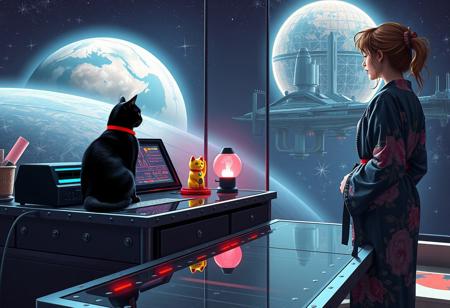 YFG-Asak Surreal Pop Art Style, a bright, whimsical scene of A sleek black cat with red collar sits on a cluttered metal riveted desk with transparent top and led lit computer components visible inside, On the desk are a maneki neko statue and a lava lamp, the Black cat is looking out of a seamless and futuristic floor to ceiling window that looks out at a planet from low orbit, (((a beautiful woman, 24 years old, is standing next to the desk looking out the window, the woman is dressed in an ornate Japanese style bath robe. An enormous deco-cyberpunk starship with futuristic lighting and an enormous space station are visible in the background among the stars, The woman's hair is messy from just waking up and tied up with a ribbon. Artistic cyberpunk, dynamic perspective, (((overall architectural aesthetic is Art Deco Cyberpunk))).  Epic image that elicits a feeling of wonder and awe,  all set against a striking, abstract background with bold, geometric patterns.