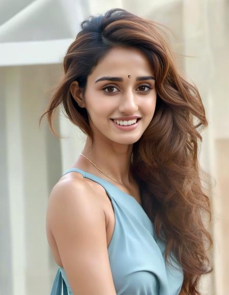 hires photo of Disha Patani woman studio quality, looking straight at viewer, a-line blue dress, smiling, tied up hair, outdoors, realistic skin texture <lora:Disha_Patani_SDXL_LoRA:1>