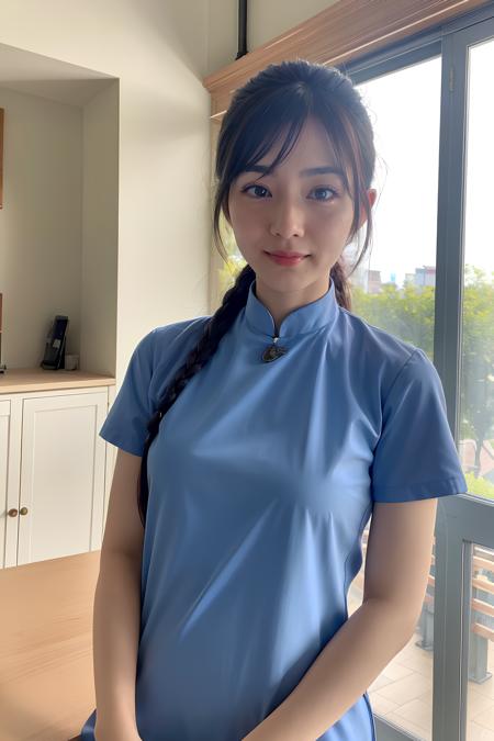 1woman, indoor, morning, (looking at viewer:1.5), masterpiece, best quality, HDR,UHD,8K, short sleeve, blue cheongsam, <lora:CheongsamV4:0.8>, 18yo, Happy, solo, upper body,