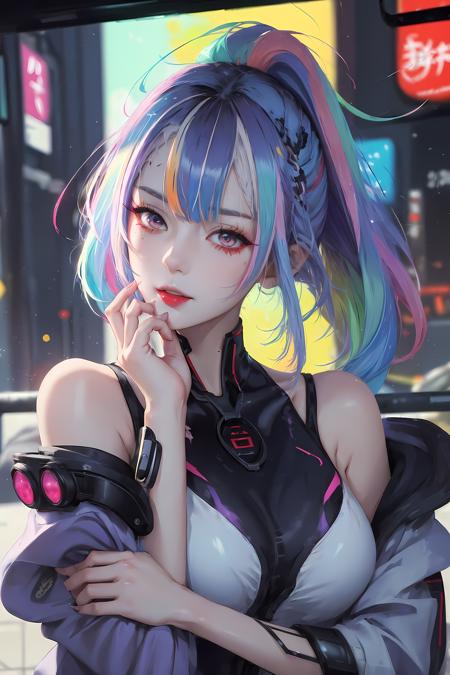 (masterpiece, best quality:1.3), lucy, 1girl, (multicolored hair:1.4), lucy (cyberpunk), cyberpunk,( bare shoulders:0.8), (smile:0.6), motion, pose, (looking at viewer:0.8), female focus, bangs, red lips, messy hair, red eyeliner, elder sister, colorful hair, (profile:0.6),<lora:lucy0ax02:0.75>