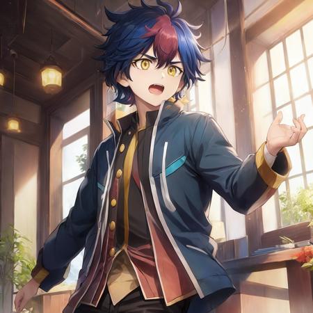 1man, tianlongguang, male focus, solo, multicolored hair, open mouth, red hair, blue hair, jacket, clenched hand, two-tone hair, yellow eyes