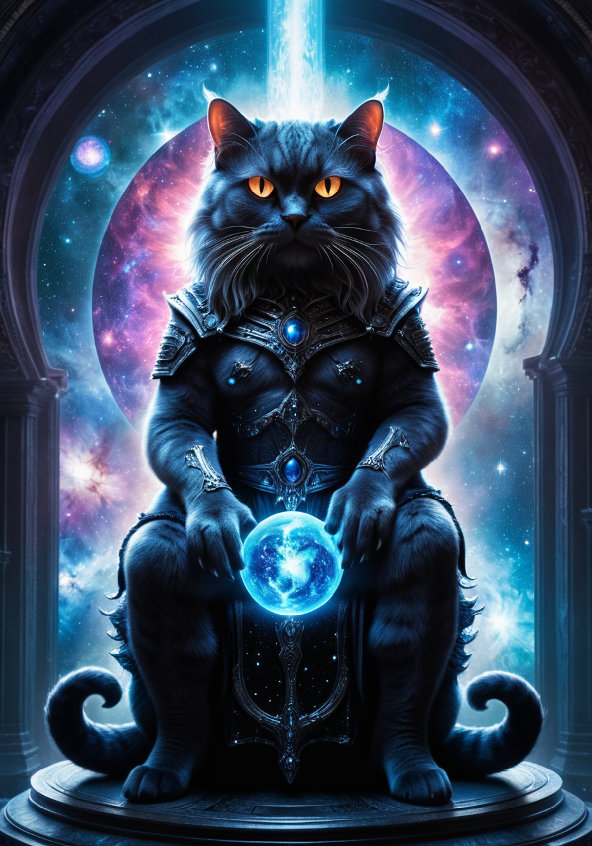 A cat in a crown and a blue globe, sitting in a chair in front of a starry background.
