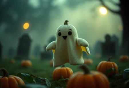 35mm photograph, film, bokeh, professional, in the graveyard floats one adorable cute plushie pumpkin shapped ghost, in moonlight, pumpkins, heavy fog, hyperrealistic, super realistic, sharp focus, 32k, (((masterpiece))) (((ultimate quality))), highiest texture resolution, photorealistic, fantasy setting, epic composition, close to camera,