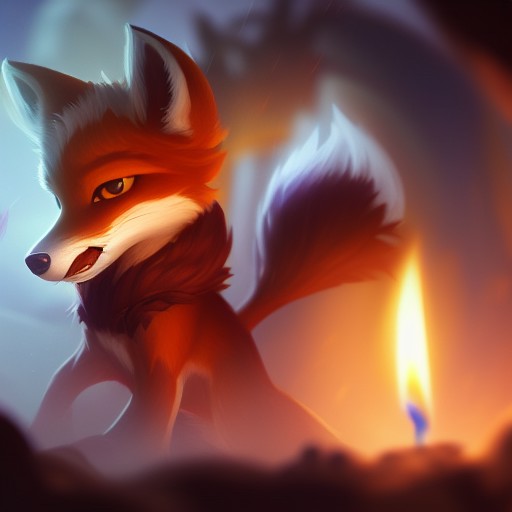 a small painting of a cartoon picture of a fox with a candle in its mouth and a bird on its back, in a cave, art by lol_sp...
