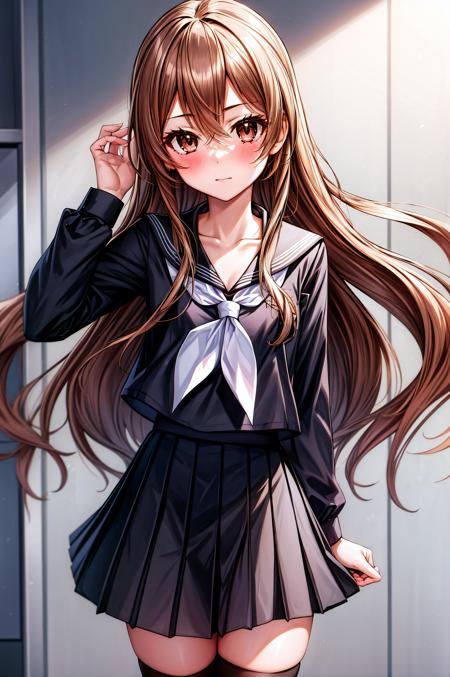 (masterpiece, best quality), <lora:aisaka taiga-lora-Faxtron:0.8> aisaka taiga, long hair, brown hair, hair between eyes, brown eyes, 1girl, looking at viewer, blush, bangs, shirt, thighhighs, long sleeves, school uniform, collarbone, pleated skirt, serafuku, black thighhighs, black skirt, sailor collar, zettai ryouiki, neckerchief, black shirt, black sailor collar, black serafuku, white neckerchief, 
<lora:add_detail:0.8>,