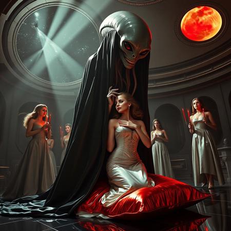 high-society elegant slender norvegian rich innocent young bride  kneeling  at weird red glossy foil pillow. She is ensnared by a towering, gray human-like alien, draped in a long, glossy wet-look black slime cloak, its eyes gleaming red with an otherworldly intensity.  its hands  ripping her corset. Its tentacles coiling her neck. Encased in light beam from the alien breeding chamber celling. Surrounded by strict ladies wearing glossy satin dominatrix attire, full skirts and glossy high heels,  holding red candles.   weird wet-look black slime  walls and floor, colossus observation blister to outer space full of stars, bright red moon, vintage-inspired makeup, long hairs, ultra thin waist, evil grin, porcelain skin, lipstick, red nails, in the style of a haunting, retro-futuristic 1950s sci-fi nightmare, horror, alien space base,,